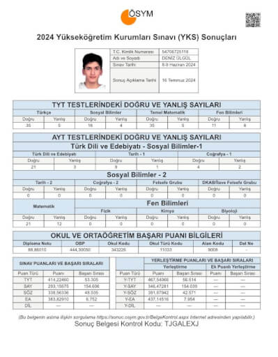 2024 YKS sonuç belgesi,